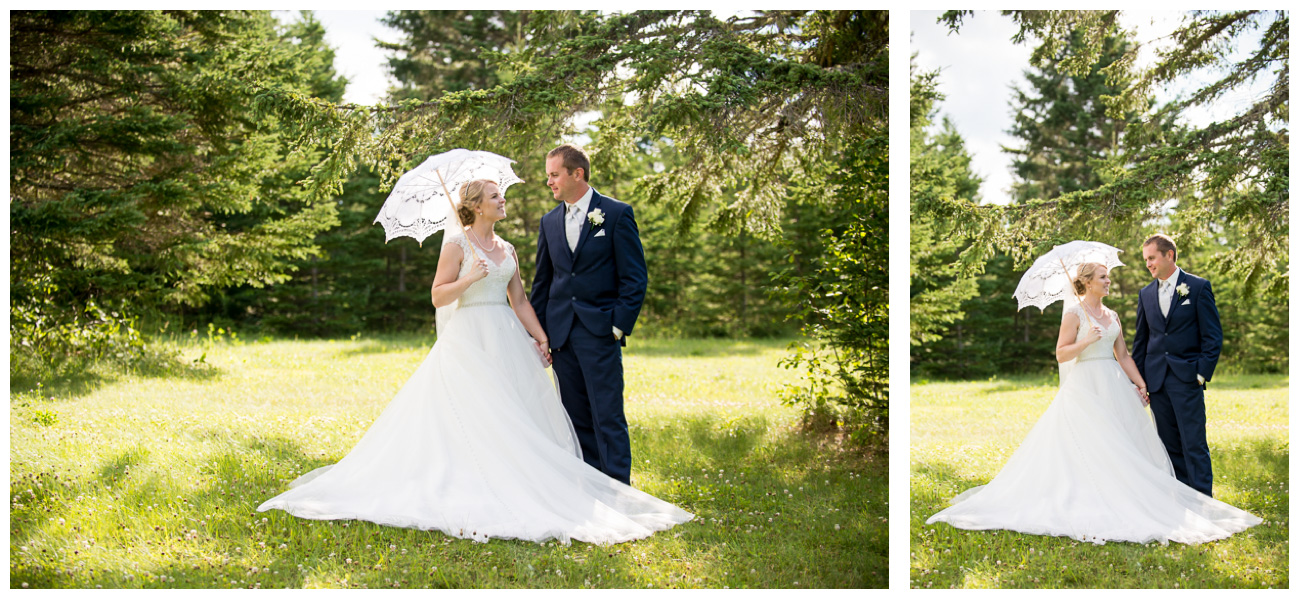 bride with lace parasol and groom in navy blue suit on wedding day
