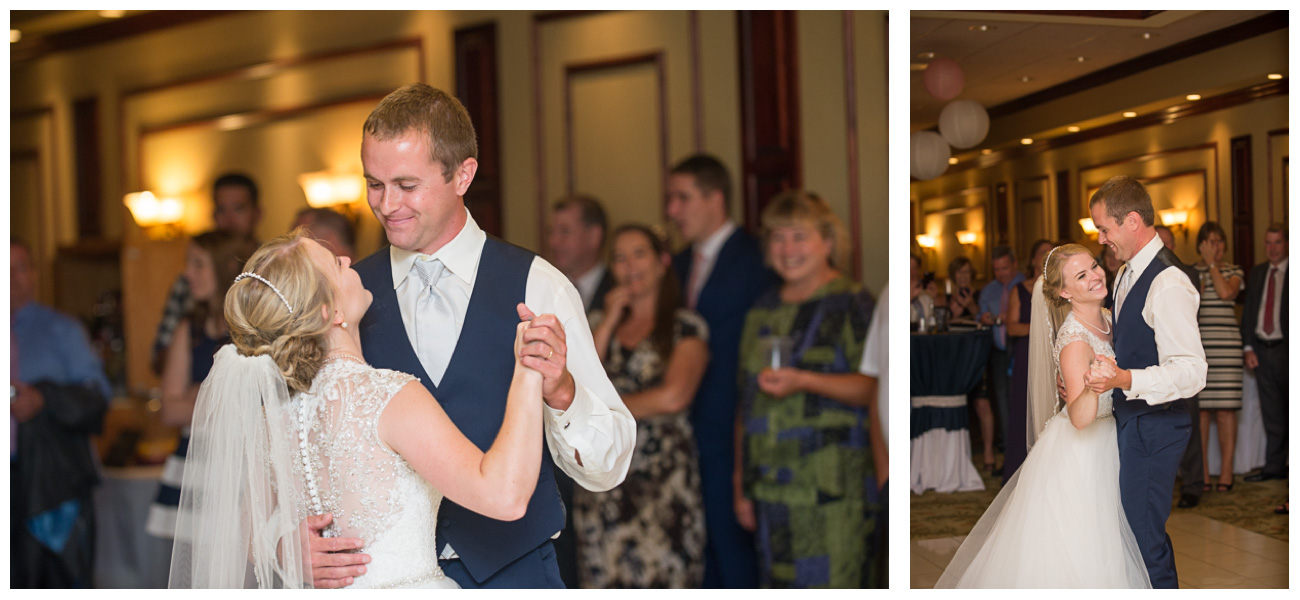 bride and groom first dance in hotel ballroom