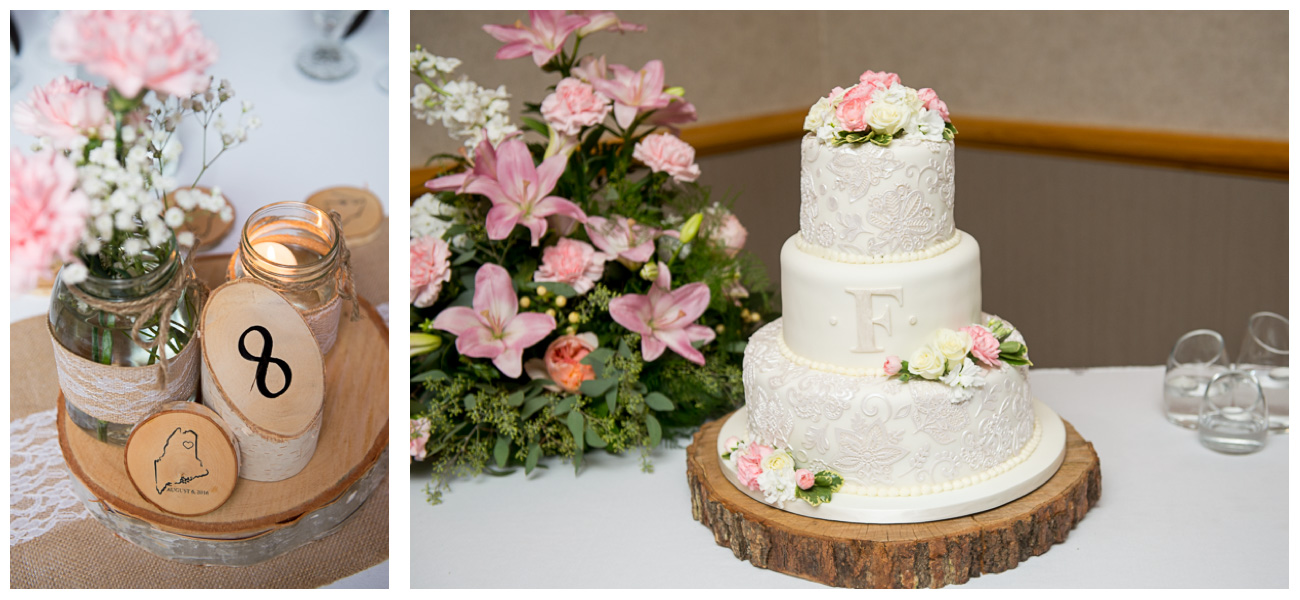 tree rings for wedding decor with pink flowers