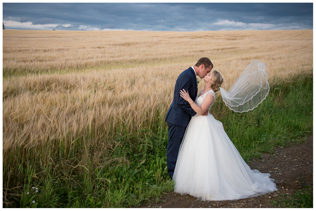 couple kissing in wheat field with stormy clouds