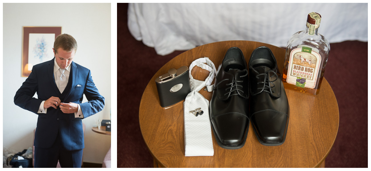 groom in navy blue suit with black shoes