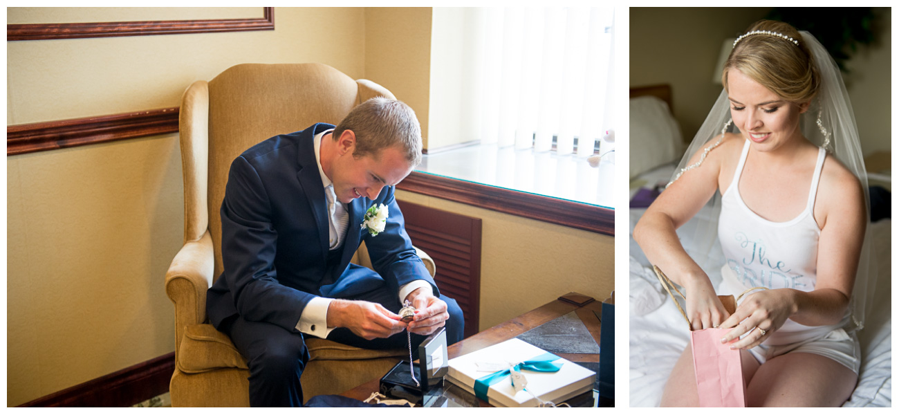 bride and groom exchanging gifts on wedding day