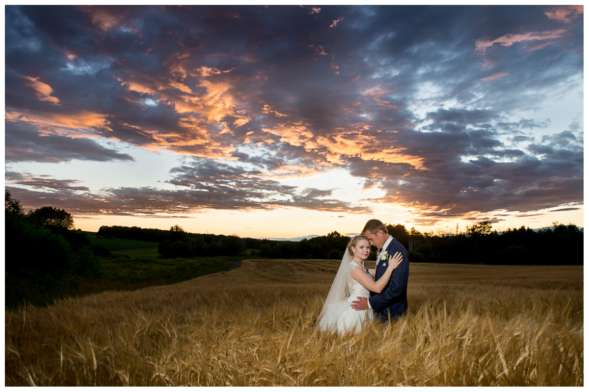 Sunset wedding photos in Maine in wheat fields