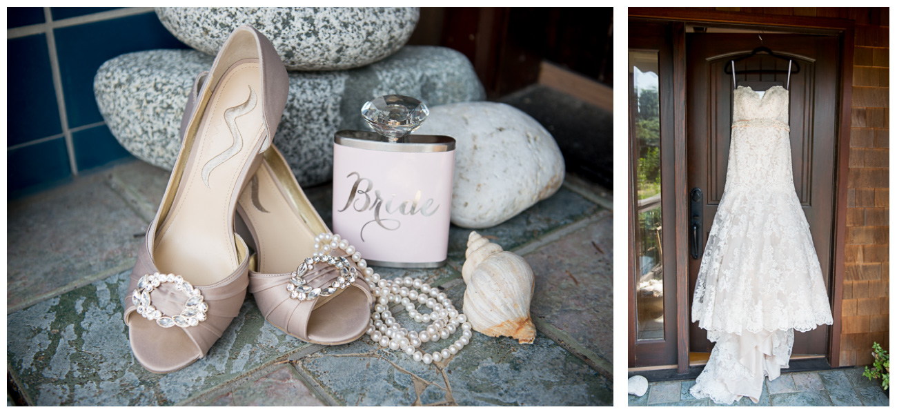 Bridal details with wedding gown and seashells 