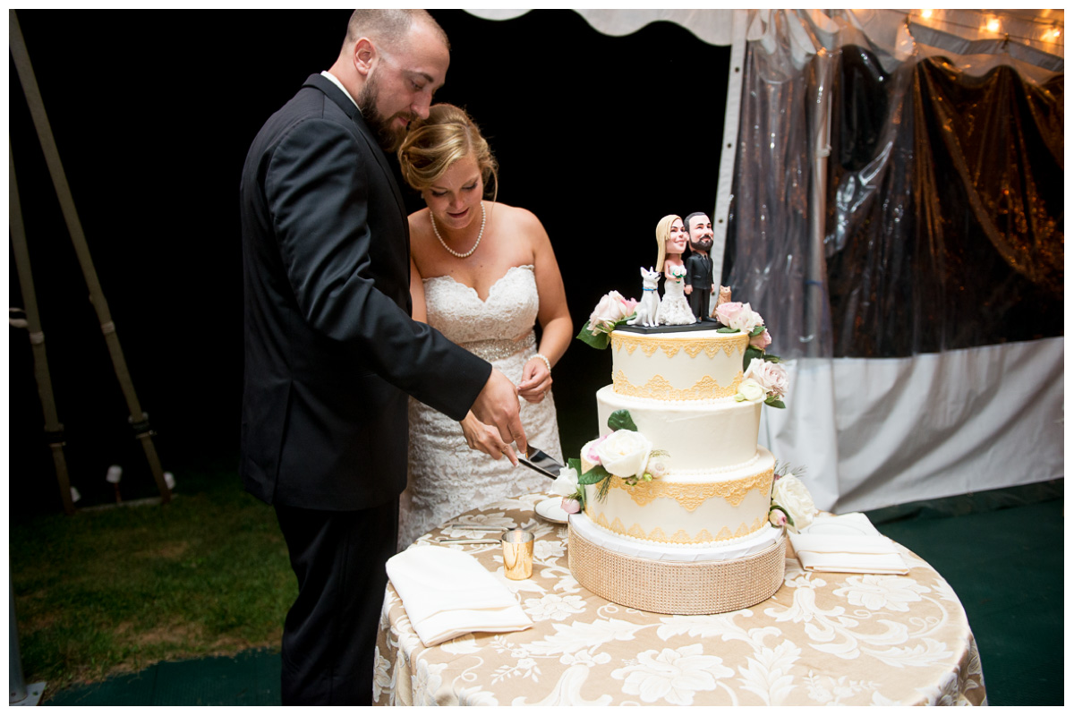 Reception with bride and groom cutting cake with fun cake topper