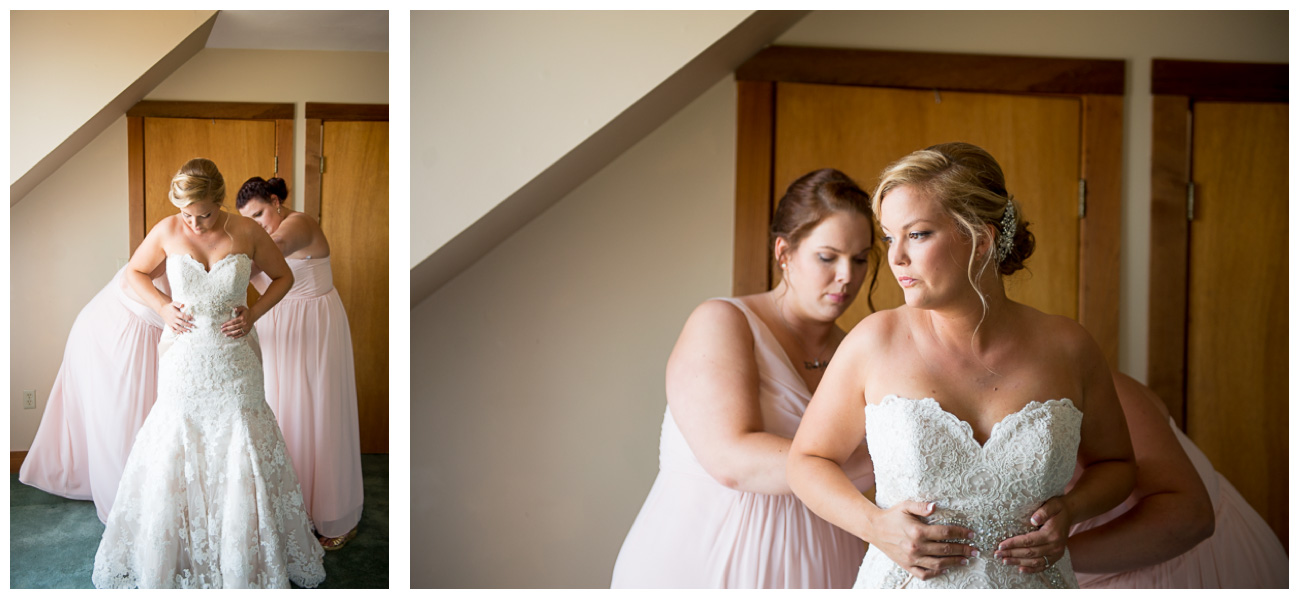 timeless bride getting in wedding gown on wedding day