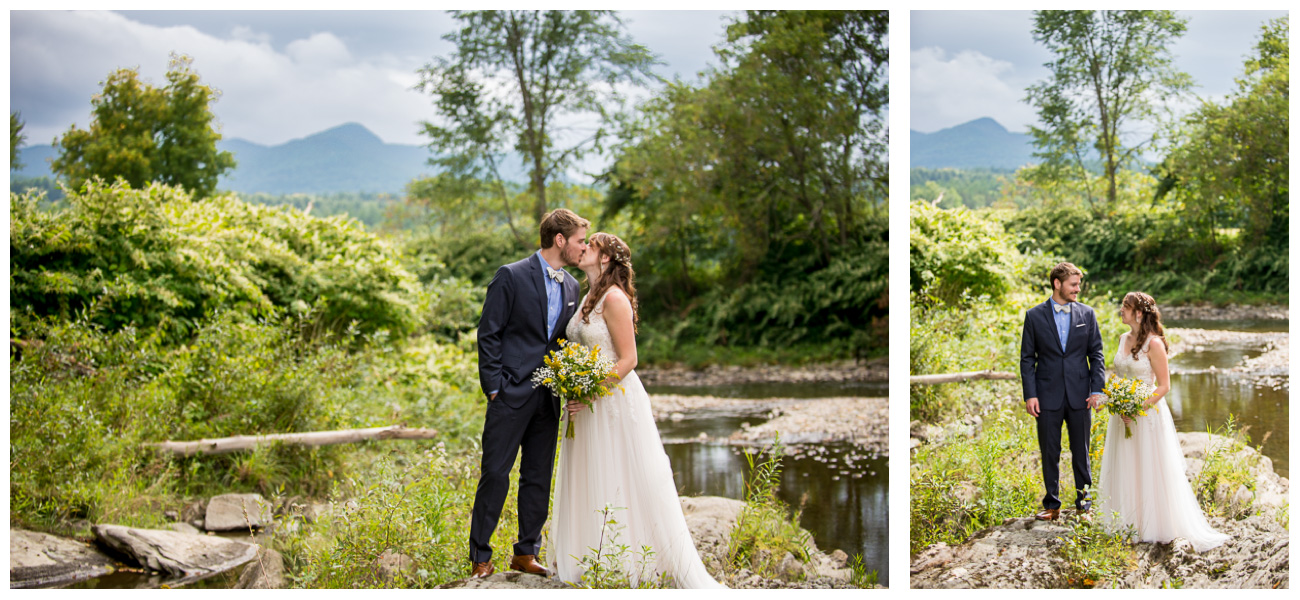 Bride and Groom with Green Mountains and on the river bank 