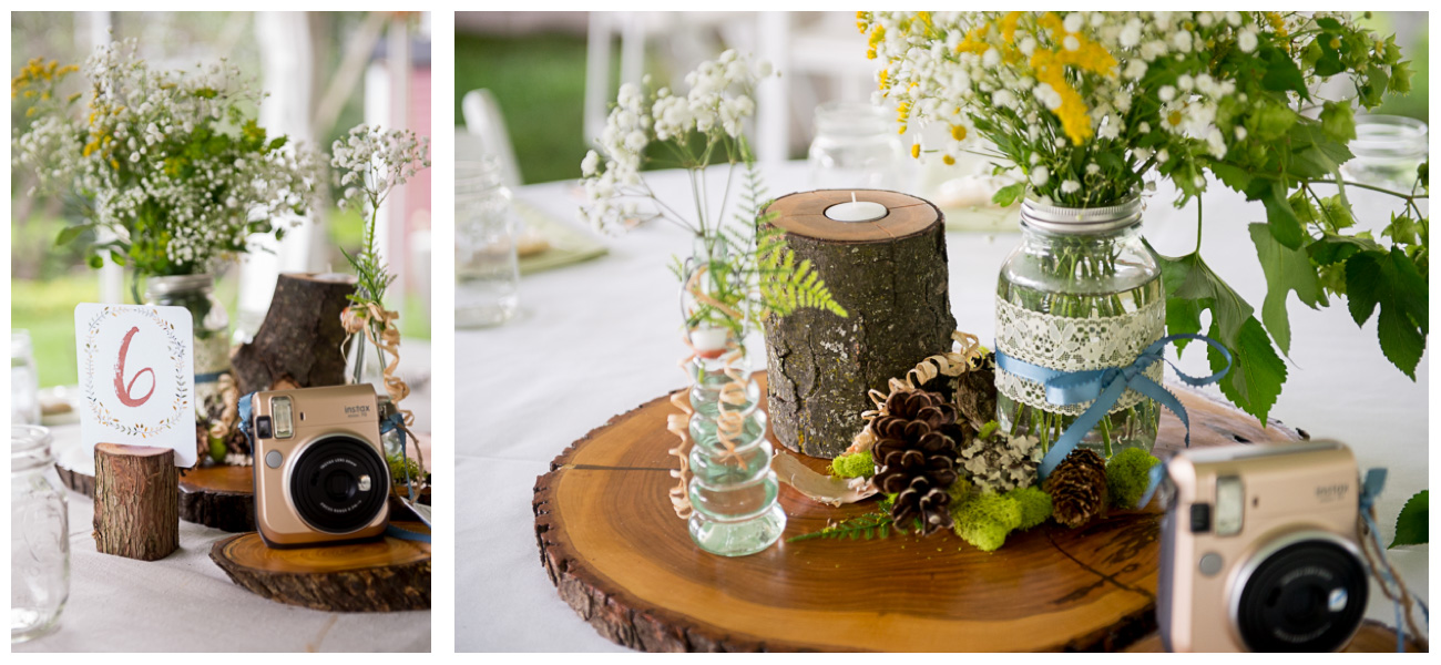 polaroid cameras and wooden centerpieces with wild flowers