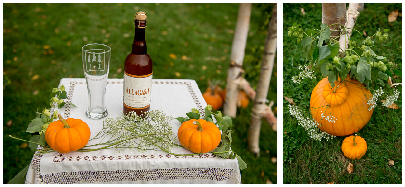 pumpkins and beer decor for fall Vermont wedding