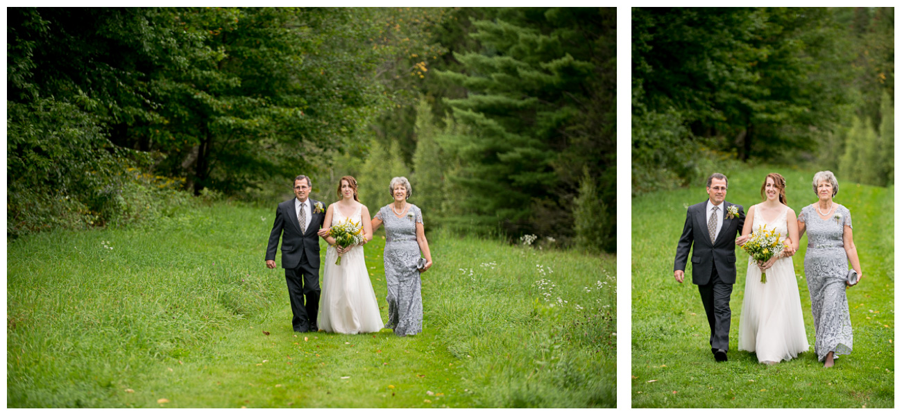 Bride walking down the aisle with parents in Vermont 