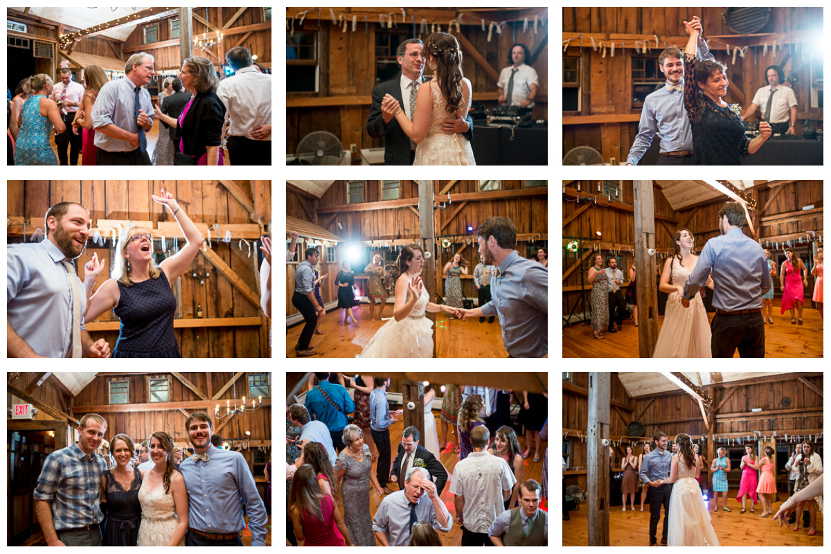 wedding reception with guests dancing in a barn 