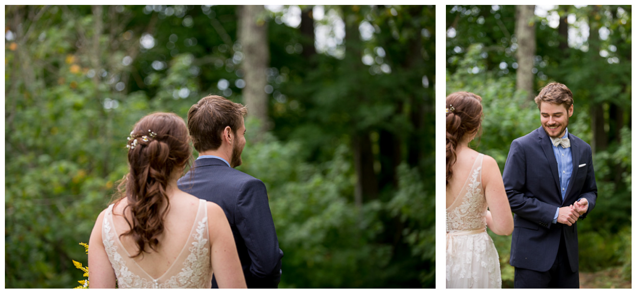 First look in the woods on wedding day