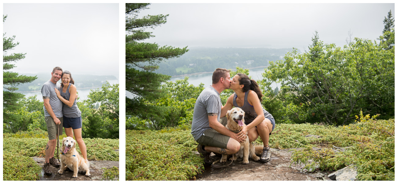 Mountain top engaged couple with dog