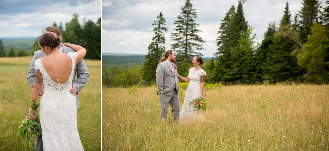 intimate wedding photos of bride and groom in a field