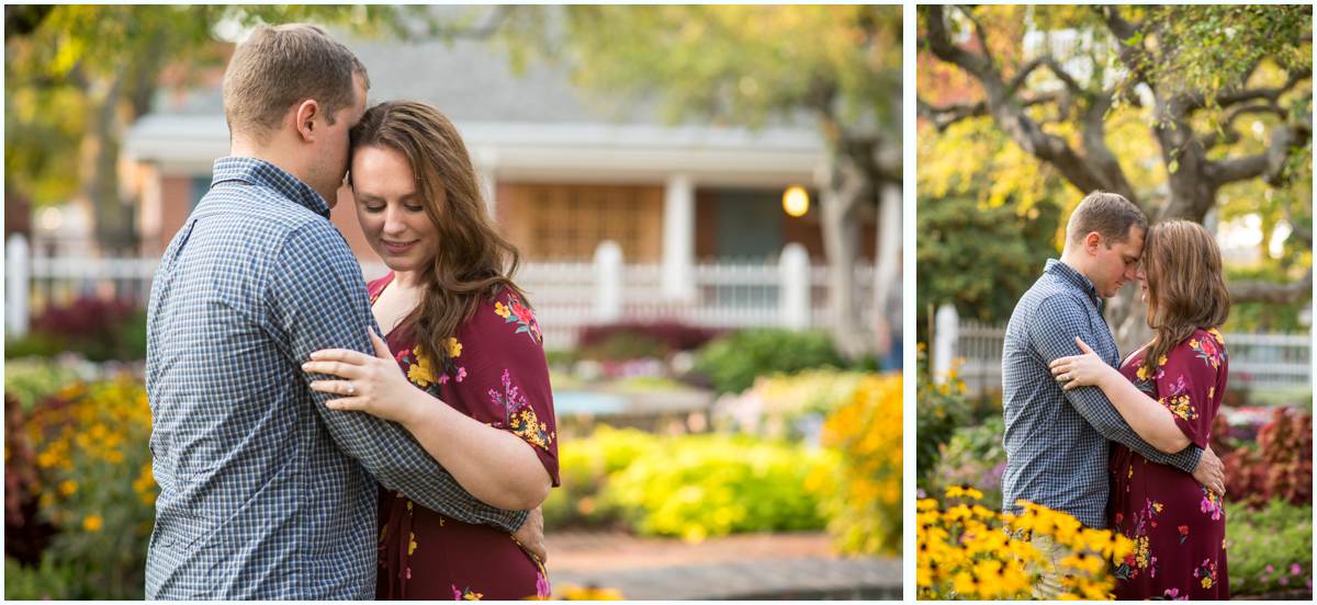 Downtown Portsmouth, NH engagement photos in Prescott Park at sunset