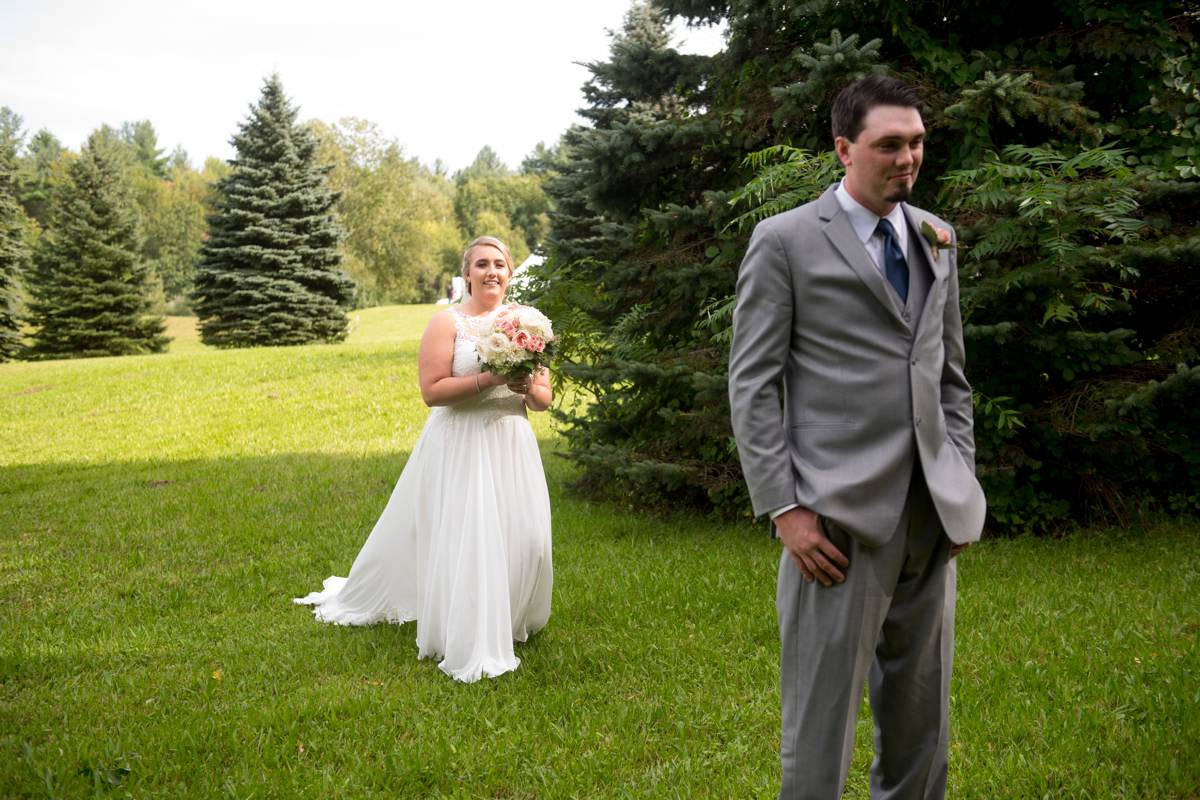 First look rustic backyard wedding in New Hampshire