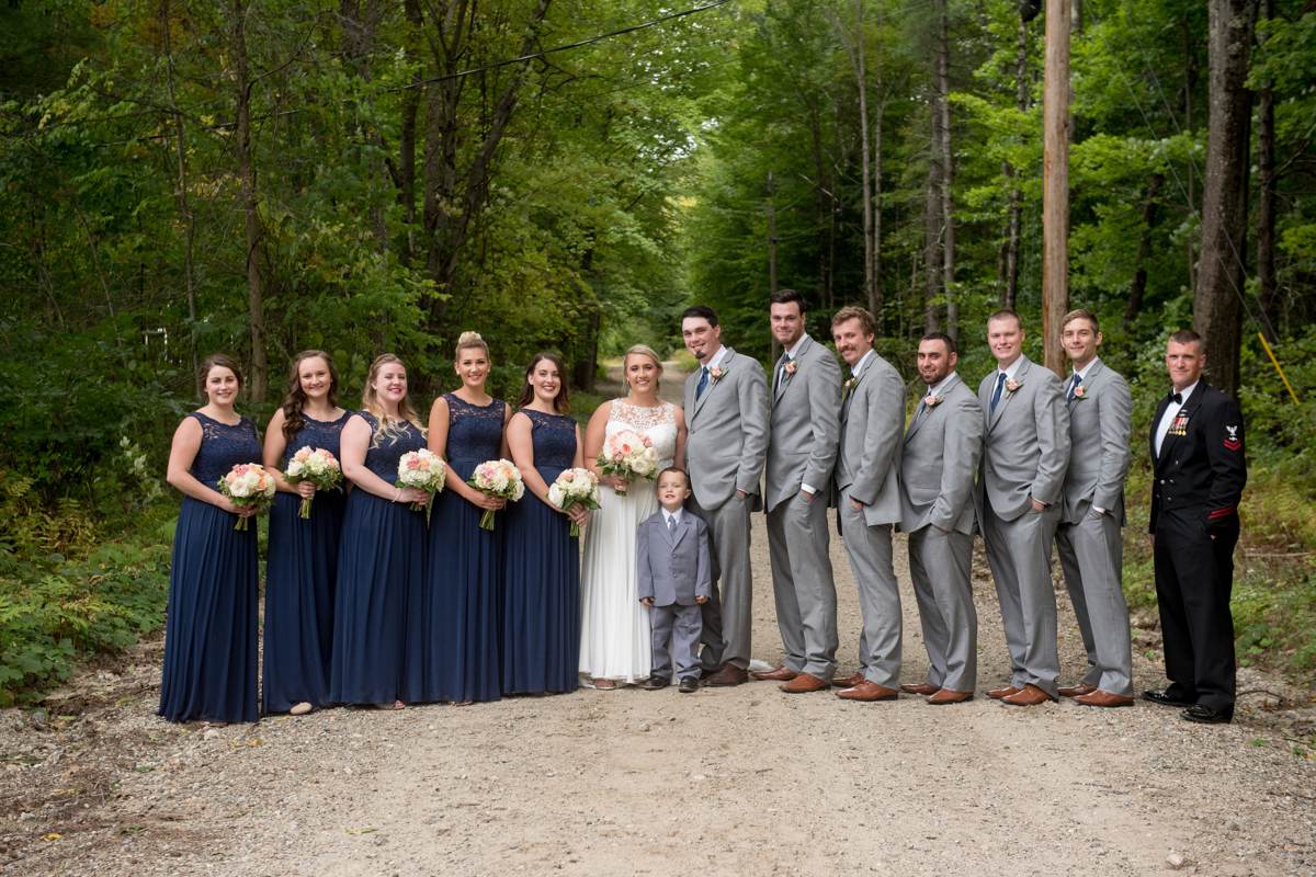 Bridal party navy and grey woodsy photos, new hampshire