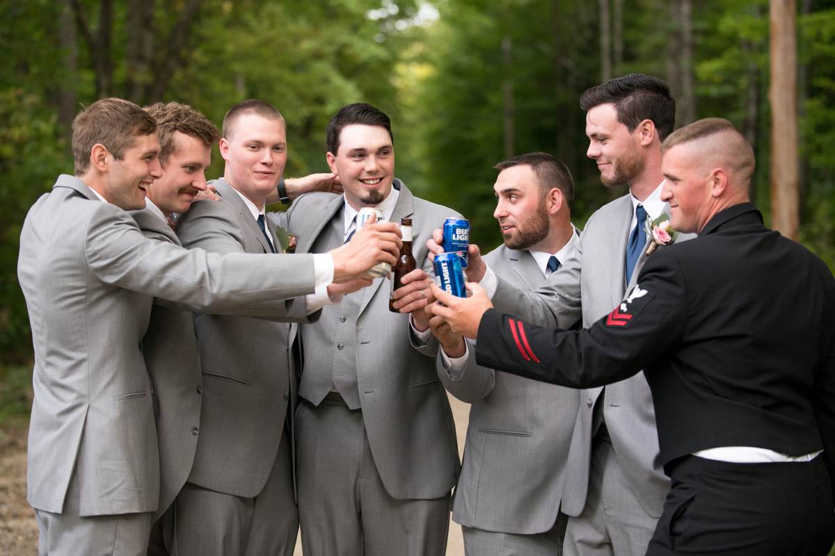 groom and groomsmen cheering before wedding ceremony, new hampshire wedding