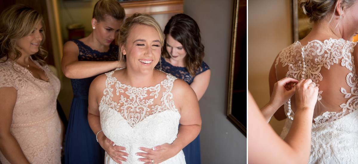 Happy bride on wedding day getting ready in wedding gown 