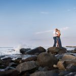 new hampshire beach engagement photos, new hampshire engagement photos, couple on beach rocks with waves